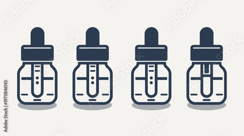 A row of four stylized dropper bottles, rendered in a minimalist, flat design with dark blue outlines