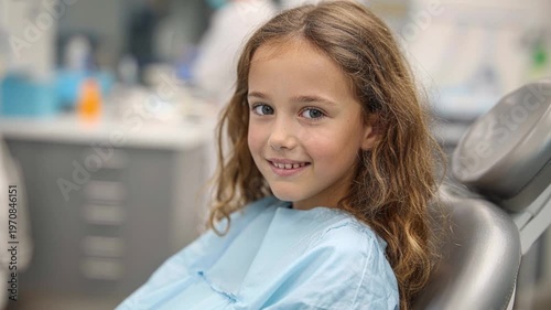 Young girl with a cheerful expression sits in a blue dental chair at a modern clinic. She smiles broadly, looking relaxed and happy during her routine daytime dental check-up.