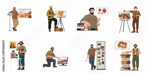 Flat Illustration Set of Professional Archaeologists and Scientists Conducting Research, Presenting Excavation Findings, and Analyzing Ancient Artifacts and Geological Layers.