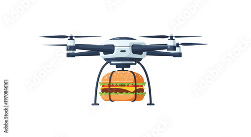 Modern delivery drone carrying a delicious big cheeseburger with fresh lettuce and tomato against a clear white background.
