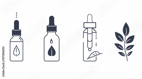 A set of minimalist line drawings Dropper bottles and leaf sprigs on white background