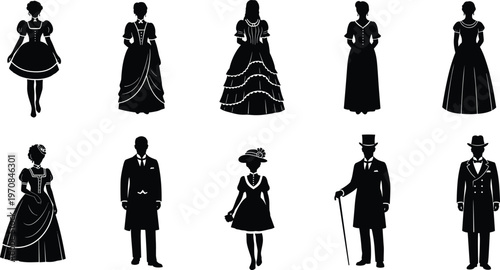 Vintage Victorian Era Silhouette Collection Featuring Men and Women in Elegant Period Costumes Ball Gowns and Formal Suits for Historical Fashion and Graphic Design