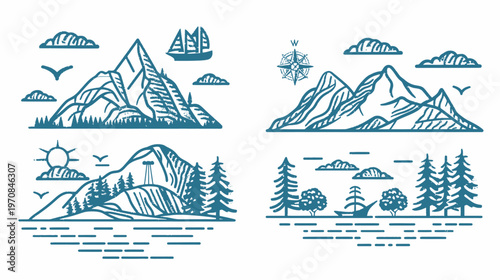Four stylized illustrations showcasing mountain landscapes, water, clouds, birds, compass, and boat