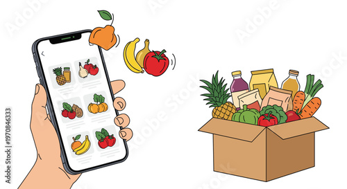 Hand holding a smartphone using a grocery delivery app next to a cardboard box filled with fresh fruits and vegetables.