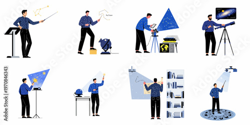 Set of flat illustrations featuring an astronomer studying stars, constellations, and galaxies using telescopes, projectors, and star maps for scientific and educational purposes.