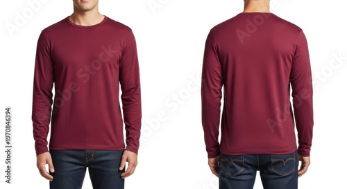 A man wearing a maroon long-sleeved shirt and blue jeans poses in front and back views on a white background