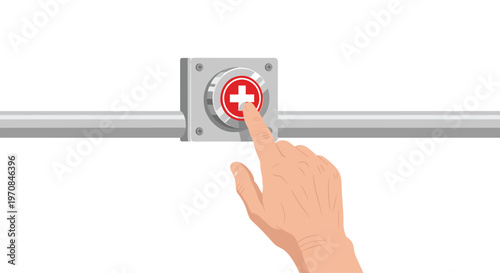 A human hand is pressing a red emergency button with a white cross on a gray panel.