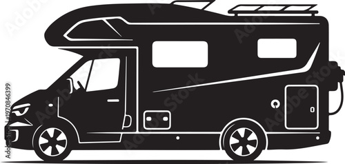 Black camper van, motorhome silhouette, RV icon, travel trailer