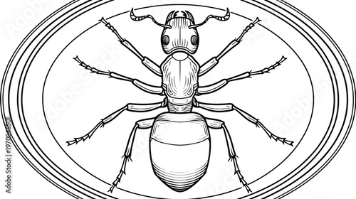 Detailed black and white entomological illustration of an ant within a stylized oval frame
