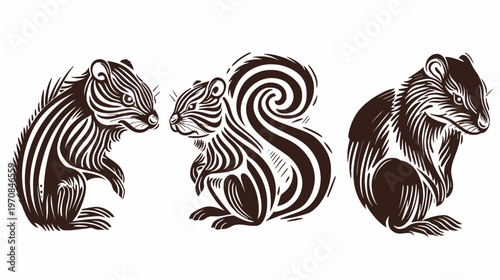 Three stylized, dark brown animal illustrations on a white background, in a woodcut style