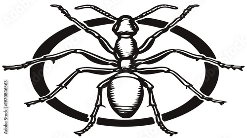 A detailed black and white illustration of an ant enclosed by a solid black circle