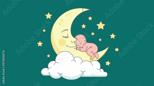 Cute Newborn Baby Sleeping on Crescent Moon with Stars and Clouds - Whimsical Vector Illustration for Nursery Decor, Bedtime Stories, Lullaby Themes, and Infant Sleep Training Concepts - Flat Cartoon 