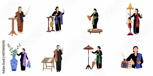 Set of flat vector illustrations depicting a woman in traditional Javanese kebaya engaged in various cultural activities and arts from Indonesia.
