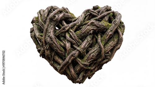 Intertwined Heart Shaped Tree Roots and Vines on White Background