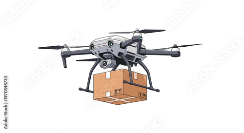 Professional delivery drone carrying a large brown cardboard package securely with its high tech mechanical landing gear.