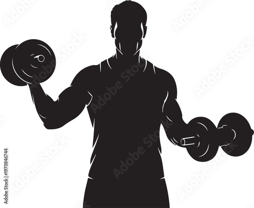 Black silhouette fitness icon, muscular man lifting dumbbells, workout vector graphic, exercise illustration