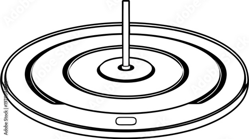 A geometric illustration featuring a round platform with a centered cylindrical rod. Minimalist, monochrome