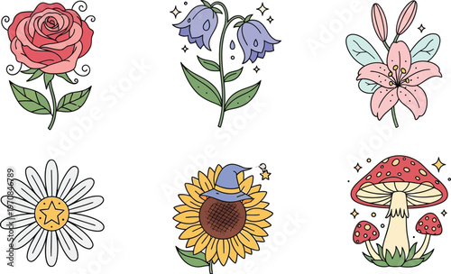 Collection of whimsical floral and mushroom illustrations hand-drawn style elements for graphic design and creative projects isolated on white