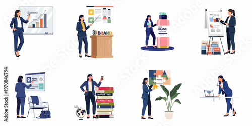 Professional business woman engaged in various brand strategy and marketing activities, including SWOT analysis, global branding, and identity development.