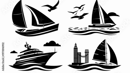 Silhouetted illustrations featuring sailboats, a yacht, cityscapes, birds, and stylized waves