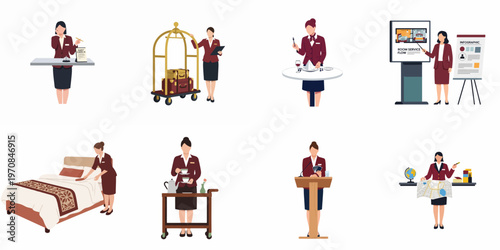 Set of Professional Hotel Staff and Hospitality Service Workers Flat Vector Illustrations Isolated on White Background