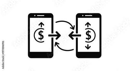 Black and white icons showing a secure money transfer between two smartphones with dollar symbols and transaction arrows.