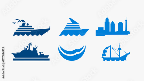 Collection of stylized blue icons depicting various water vessels and a city skyline