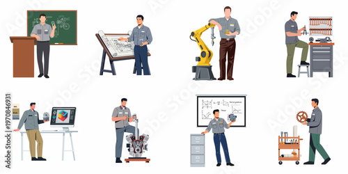 Set of male engineer characters engaged in various industrial and technical activities, including drafting, design, robotic automation, and mechanical assembly.