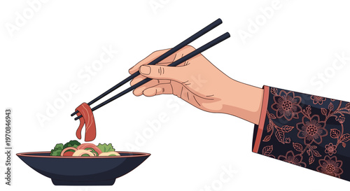 Hand using dark chopsticks to pick up a slice of meat from a fresh salad bowl showing traditional asian dining etiquette.