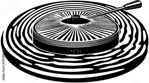 A black and white illustration of a record player, with concentric circles
