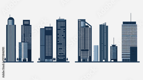 Simplified graphic of multiple tall buildings in dark blue with windows in white, on a white background