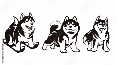 Three stylized, black and white dog illustrations, each with different poses. One on skis