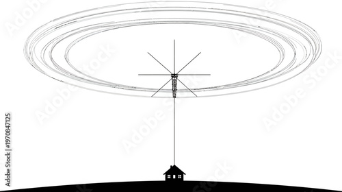 Stylized illustration of a house with a tall antenna and surrounding abstract circles