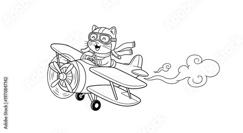 Coloring book page illustration of a happy cartoon cat wearing goggles and a scarf while flying a vintage propeller airplane.