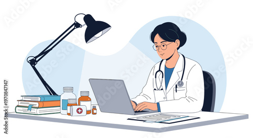 Dedicated female doctor sitting at her office desk and working on her laptop with medical books and medicine bottles nearby.