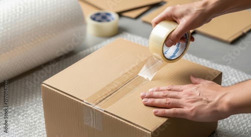 A person sealing a cardboard box with packing tape on a table