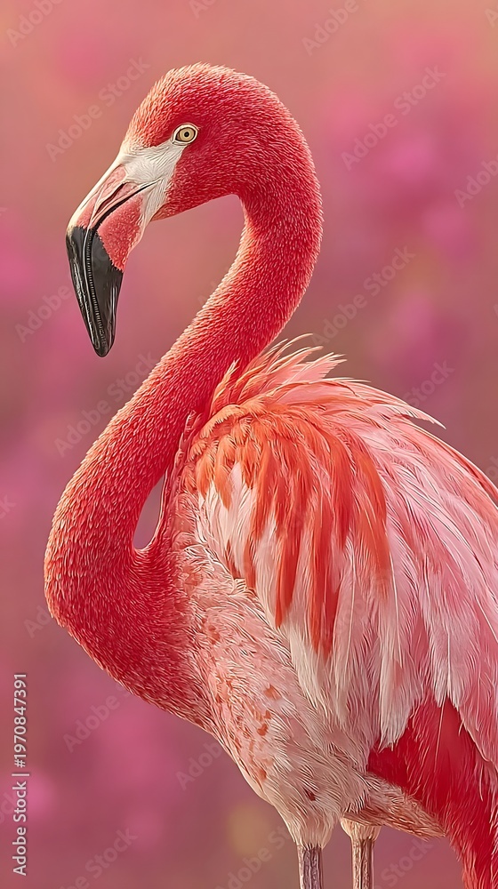 Fototapeta premium Flamingo preening feathers, pastel background isolated on a white background