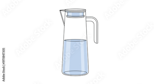 Simple transparent glass pitcher with a handle and lid half-filled with fresh clear water isolated on a white background.