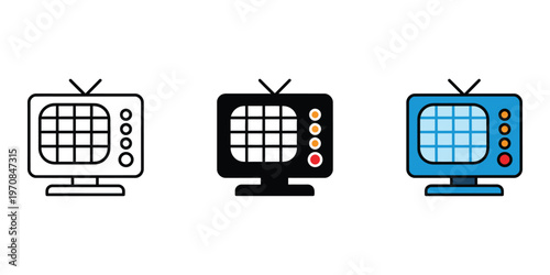 Three retro television sets with different colors isolated on transparent background