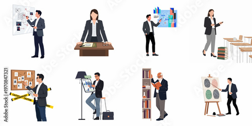 Professional criminology and investigation team set featuring detectives, forensic experts, and legal scholars analyzing evidence, crime scenes, and data in flat vector style.