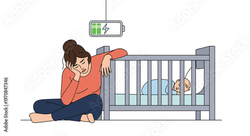 Exhausted young mother sitting on the floor next to her baby's crib with a low battery icon floating above her head.