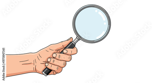 Human hand firmly holding a magnifying glass by its black handle against a clean white background for inspection.