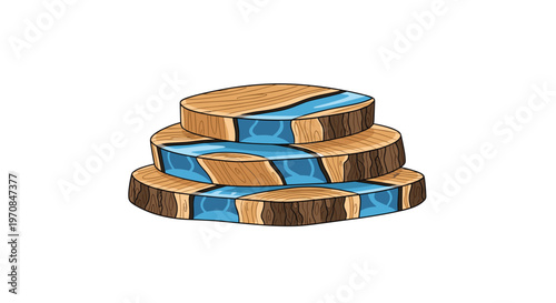 Three round wooden slices with blue resin river designs are stacked on a white background.