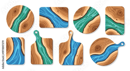 A collection of eight wooden cutting boards and coasters, each featuring a unique blue and teal resin river design, are displayed on a white background.