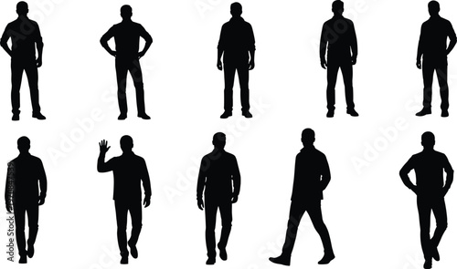 Set of Vector Silhouette Illustrations Featuring a Middle Aged Man in Various Poses Including Walking Standing Waving and Posing Isolated on White Background for Design