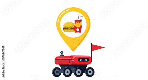 Autonomous delivery robot transporting a fast food meal with a burger and fries indicated by a yellow location pin.