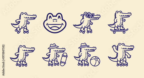 Cute cartoon alligators and frog enjoying various outdoor activities