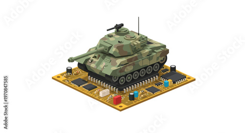 A camouflage military tank with a turret sits on top of a golden computer circuit board filled with microchips.