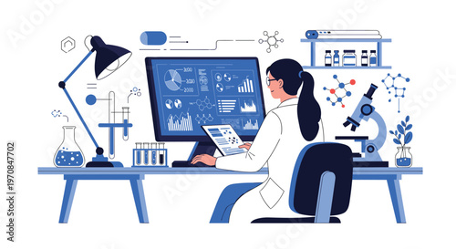 Female scientist analyzing complex biological data on a large computer monitor in a modern laboratory environment.