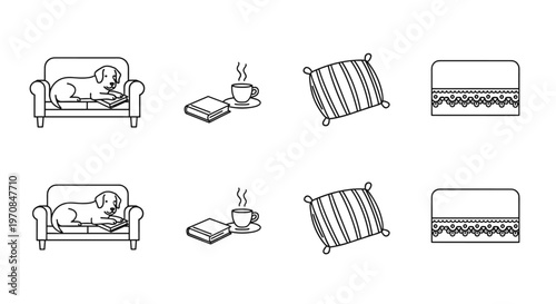 Cozy home icons: dog on sofa, book with coffee, and decorative pillows